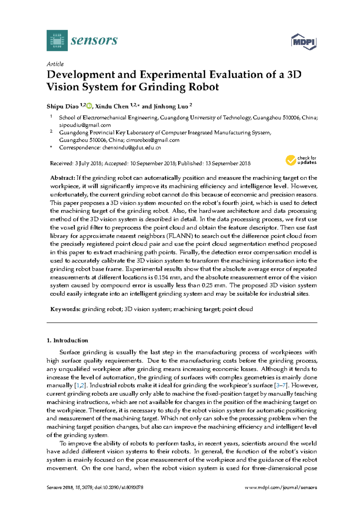 Development and Evaluation of a 3D Vision System for Grinding Robot ...