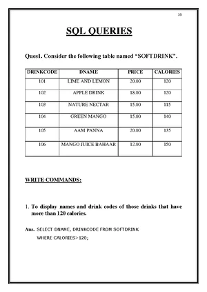 Final SQL Queries - SQL QUERIES Ques1. Consider the following table ...