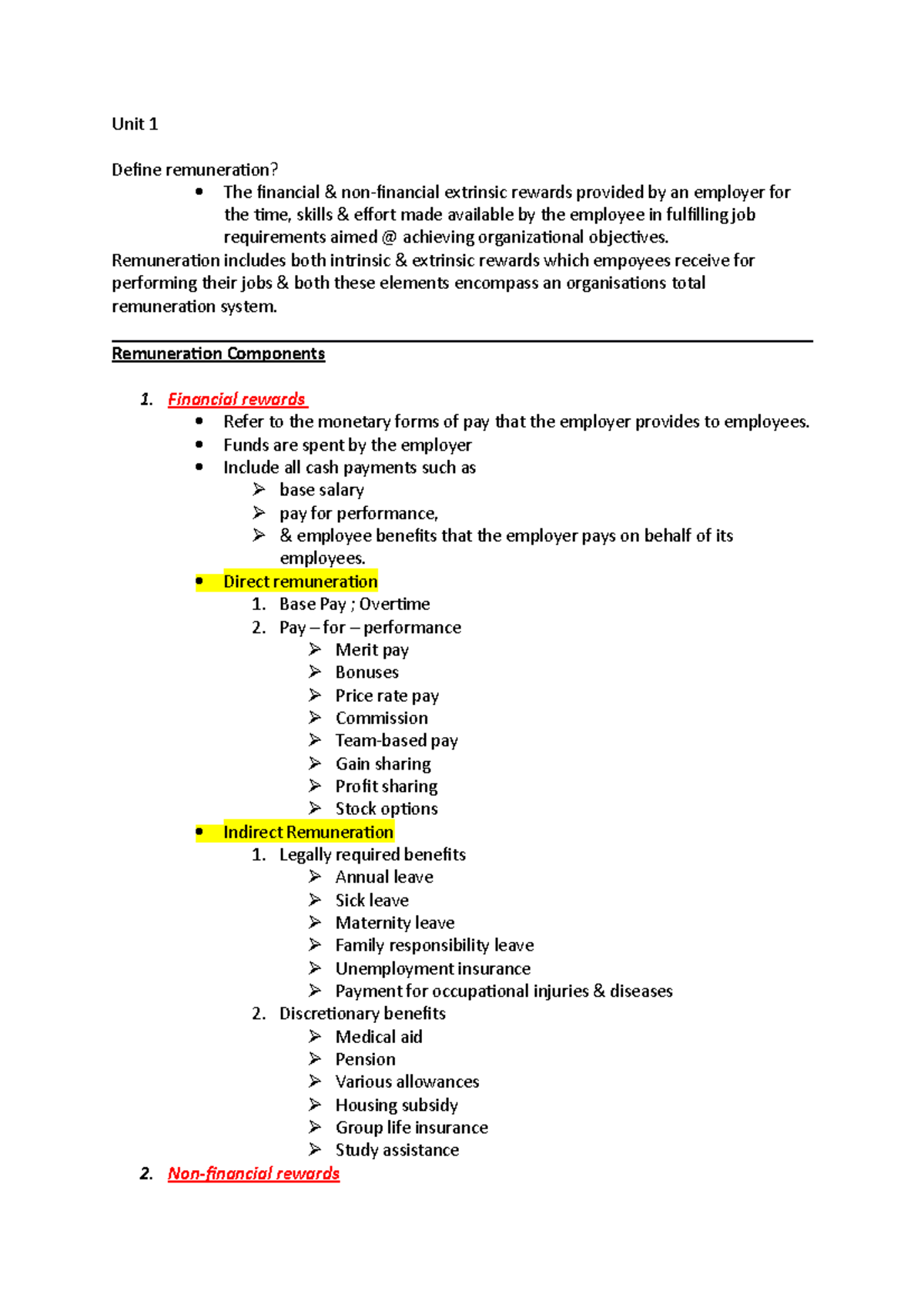 HRM3705 notes - Unit 1 Define remuneration? The financial extrinsic ...