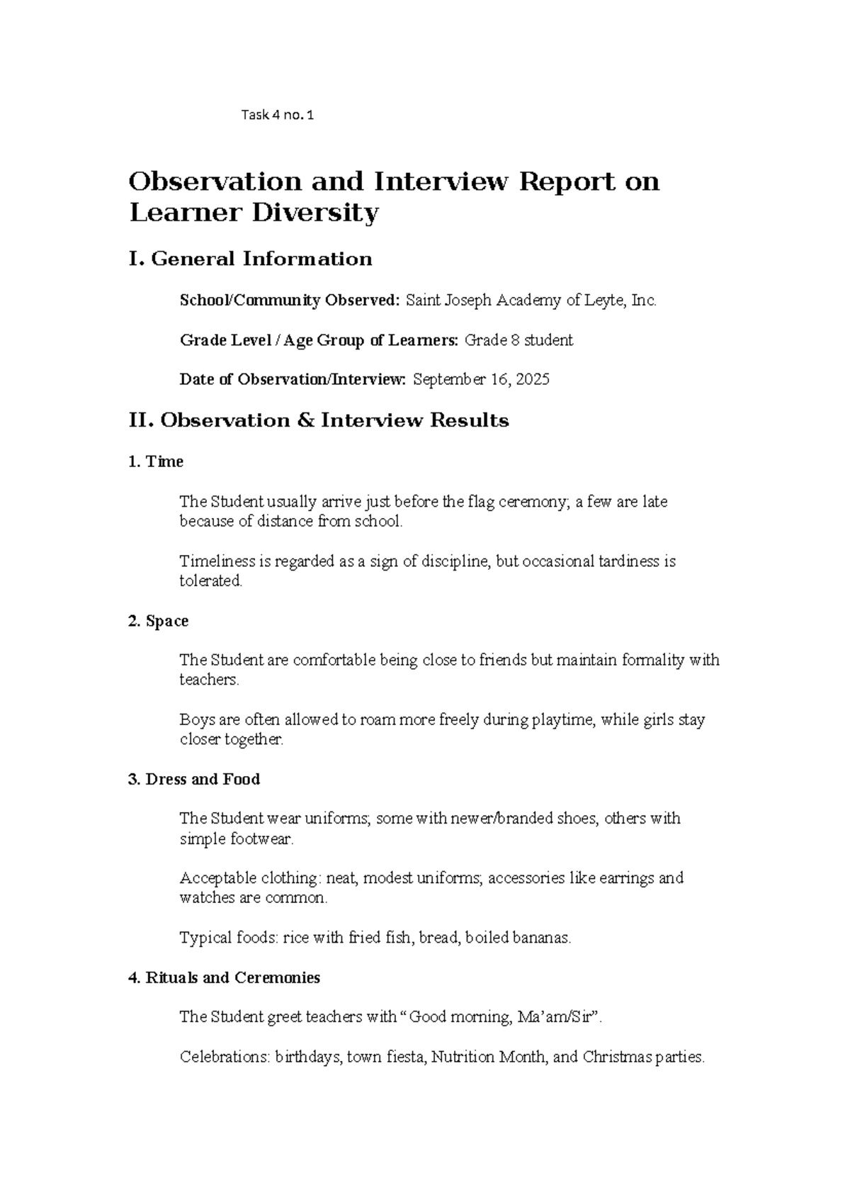 Task 4 No. 1: Observation & Interview Report on Learner Diversity - Studocu
