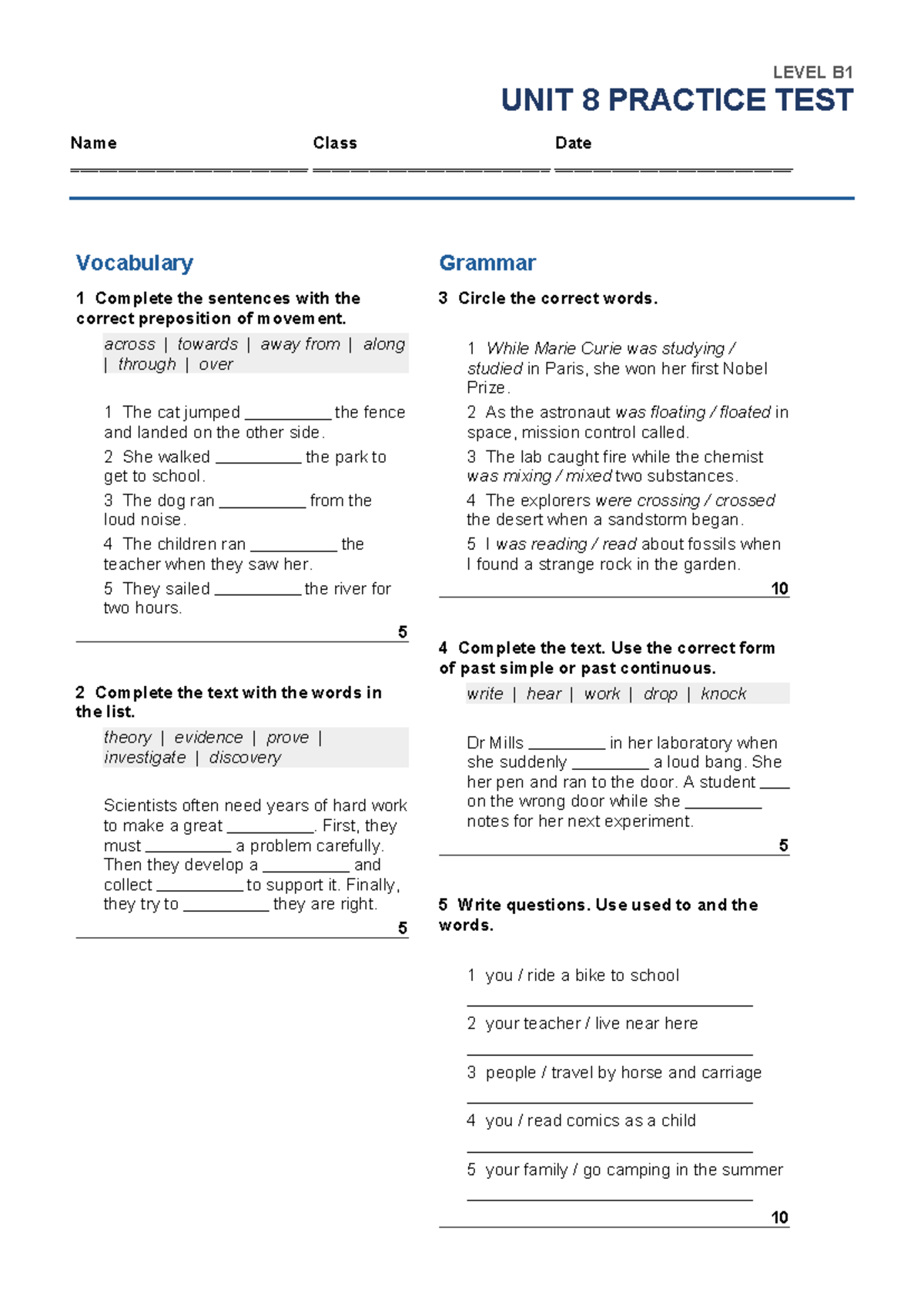 B1 Unit 8 Practice Test - Vocabulary & Grammar Exercises - Studocu