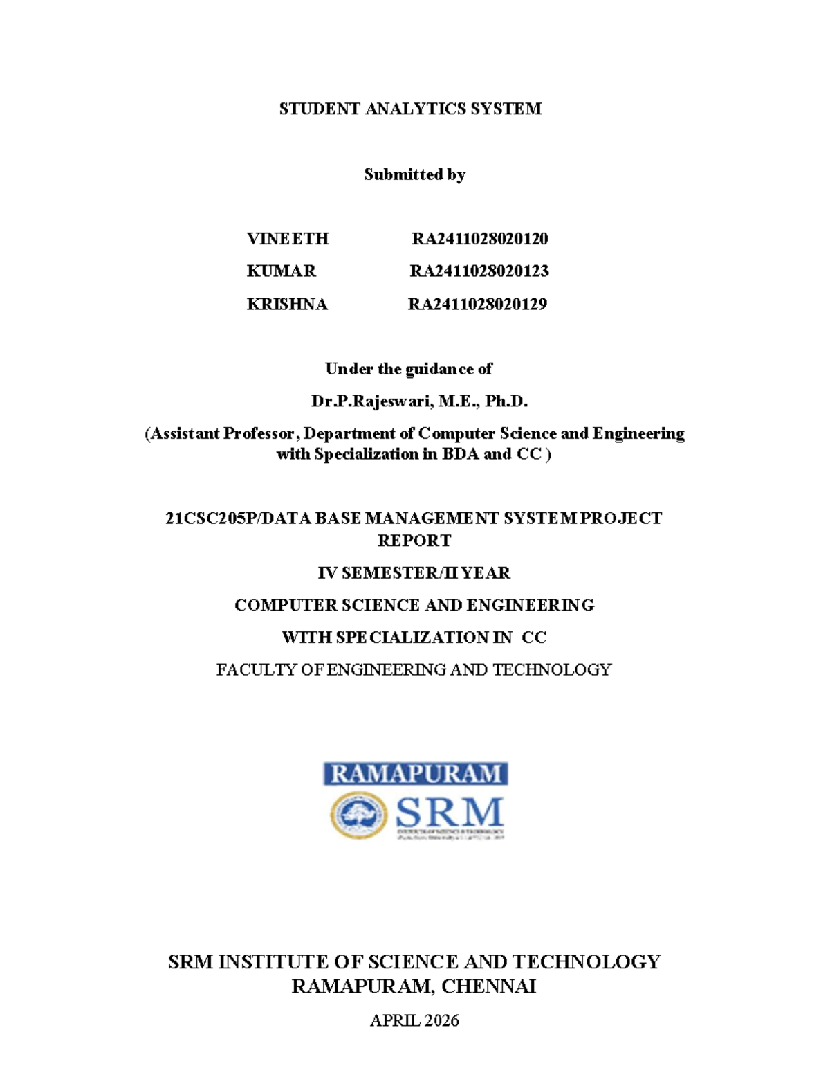 Student Analytics System Project Report - IV Year CSE (BDA & CC) - Studocu