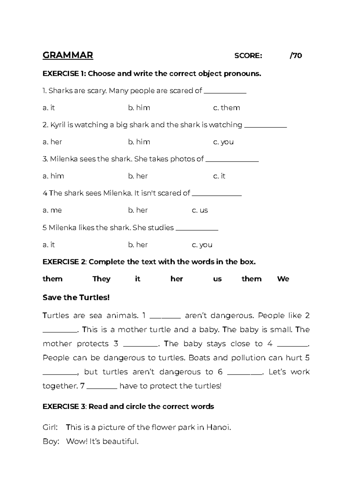 SCORE: EXERCISE 1-14 on Object Pronouns and Grammar Test - Studocu