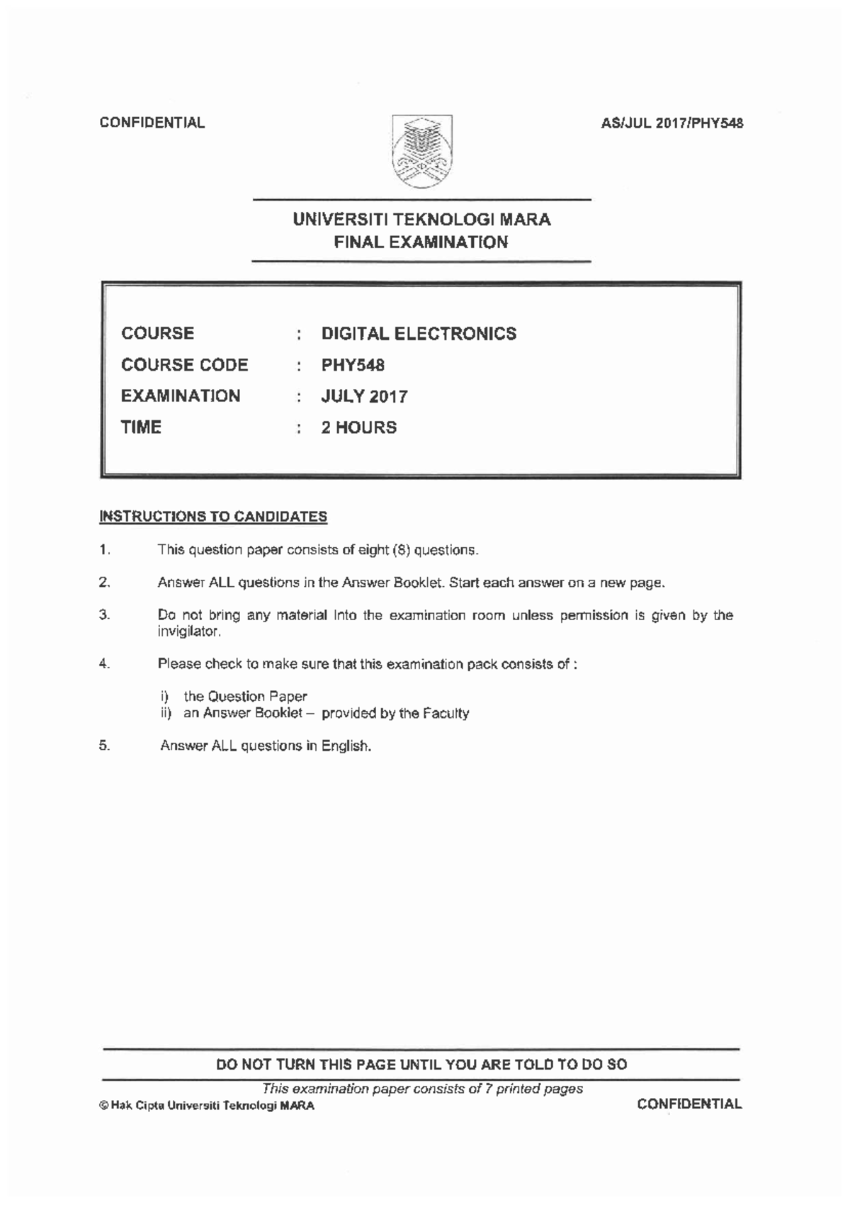PHY548 Digital Electronics Final Exam Paper - July 2017 - Studocu