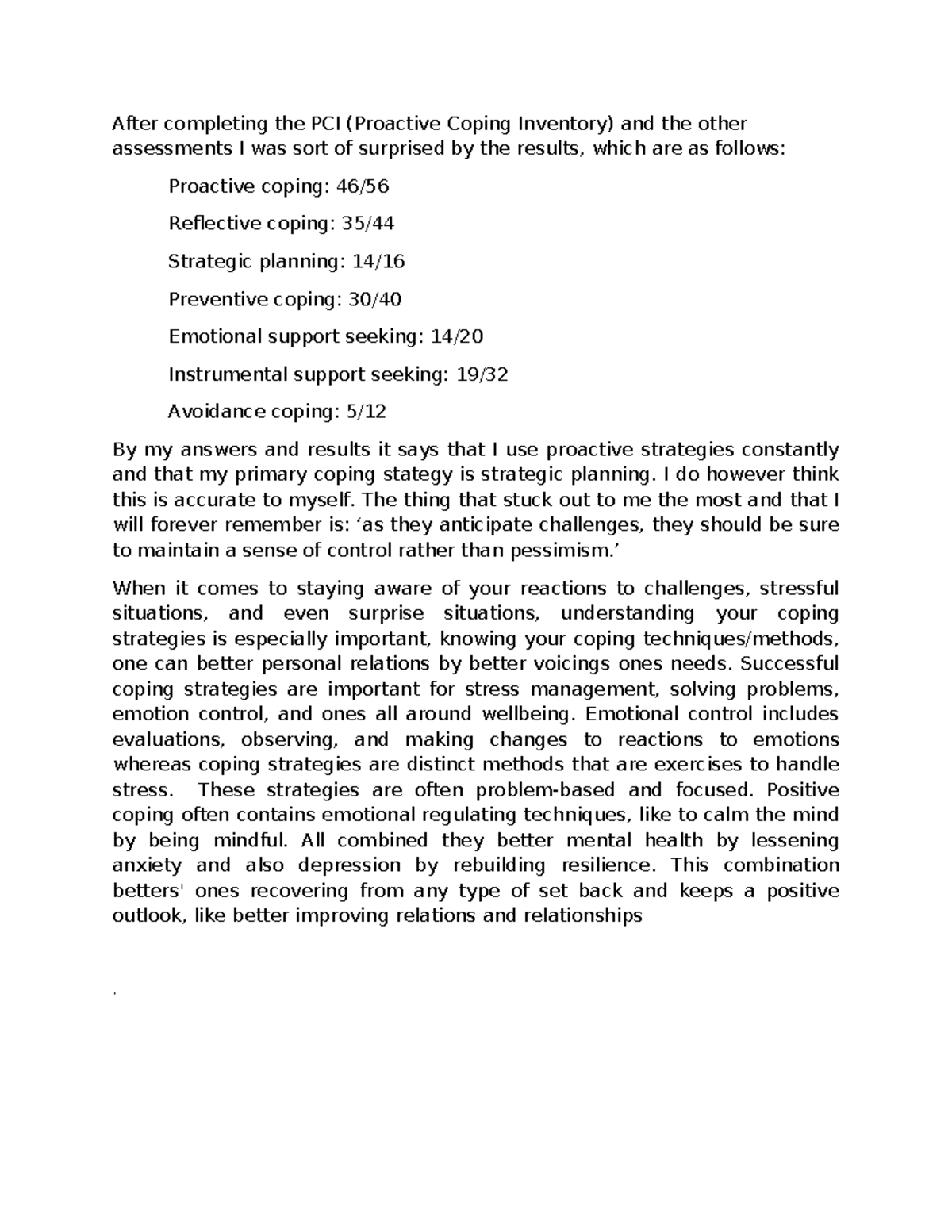 module 4 discussion - After completing the PCI (Proactive Coping ...