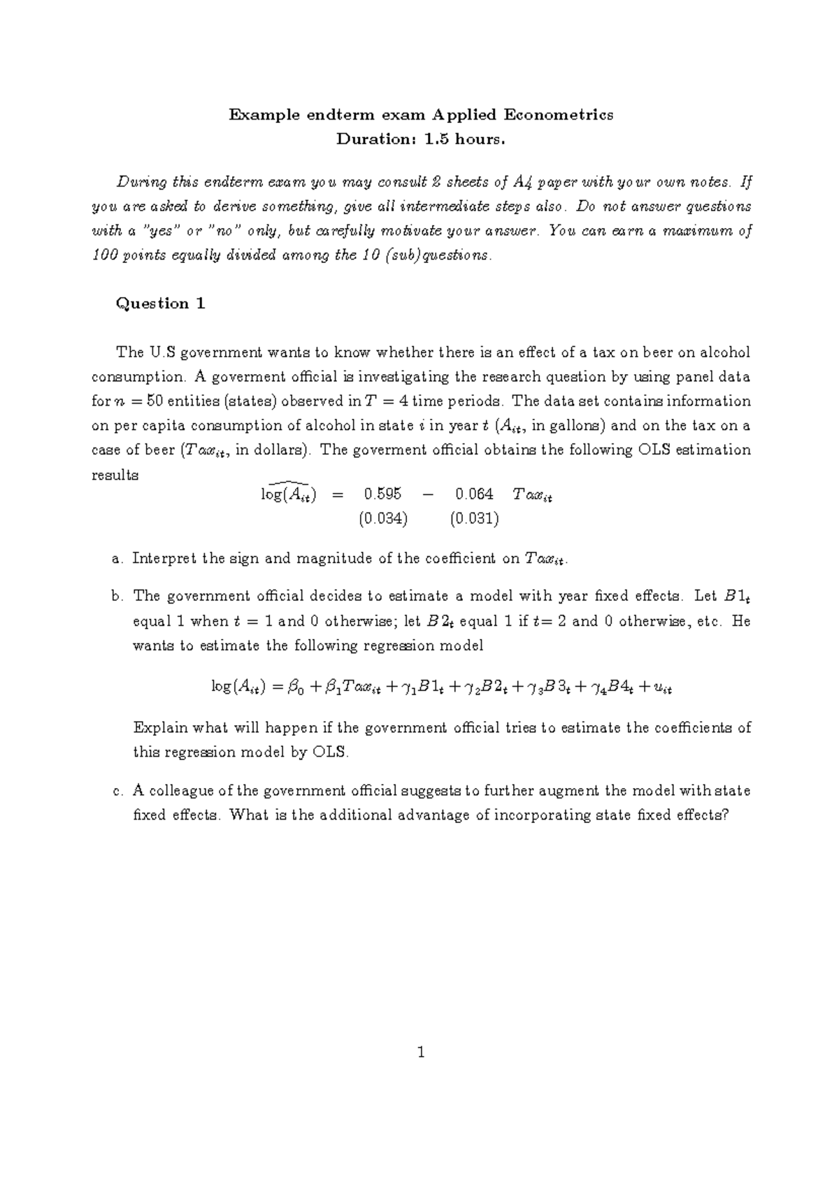 Applied Econometrics Endterm Exam Example: Key Insights and Guidelines ...