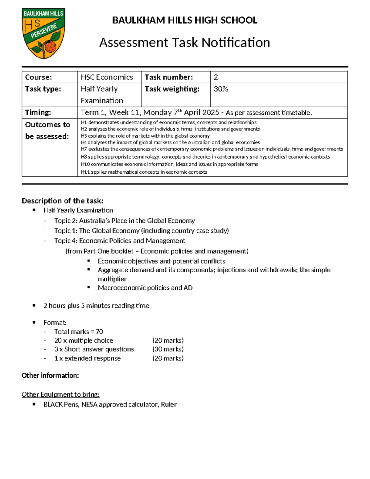 2025 HSC Economics Half Yearly Exam Notification - Studocu