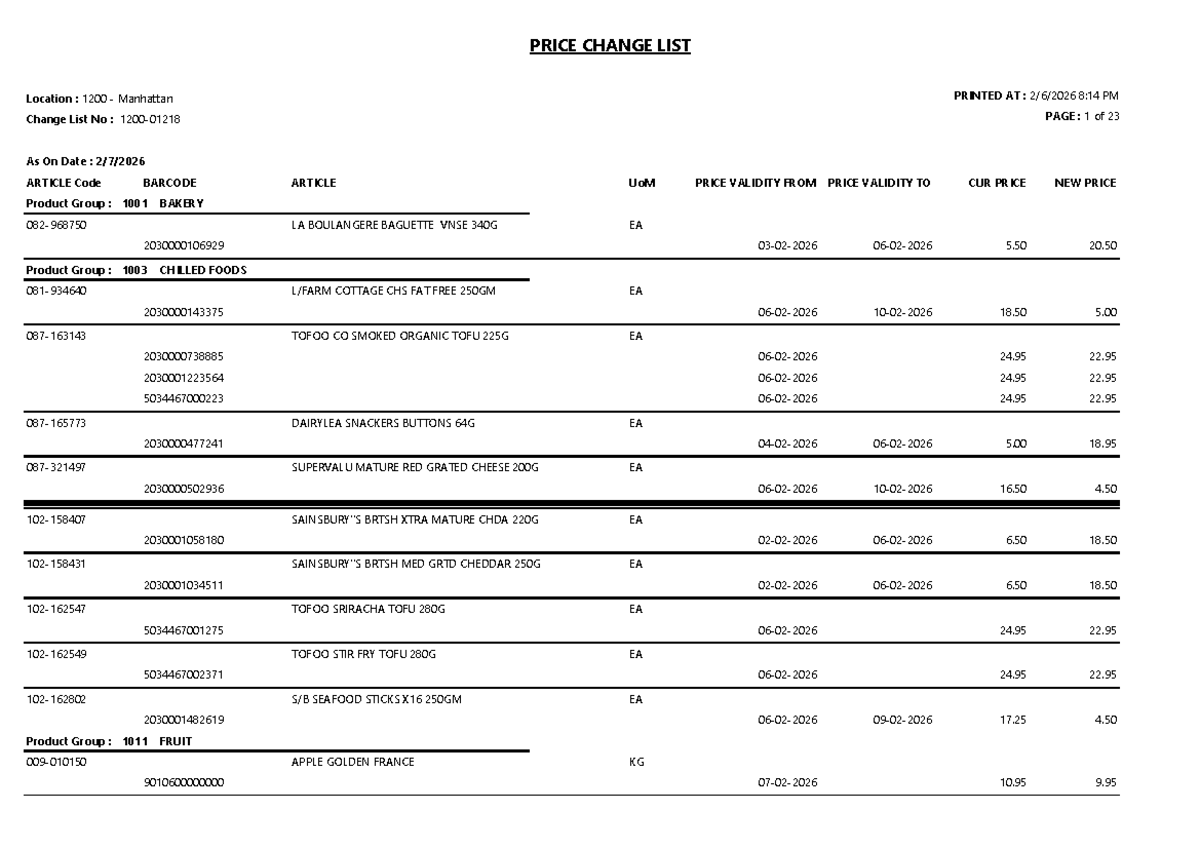 PRICE CHANGE LIST - LOCATION 1200 MANHATTAN - 8:14 PM - Studocu