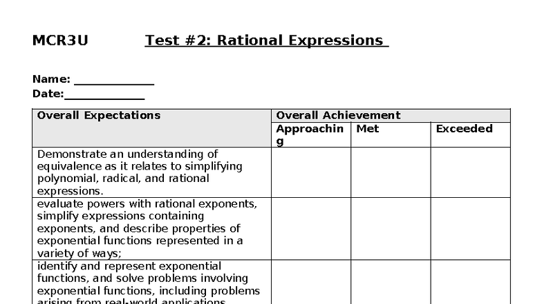 Mcr3u Unit 2 Test Simplifying Rational Expressions Studocu