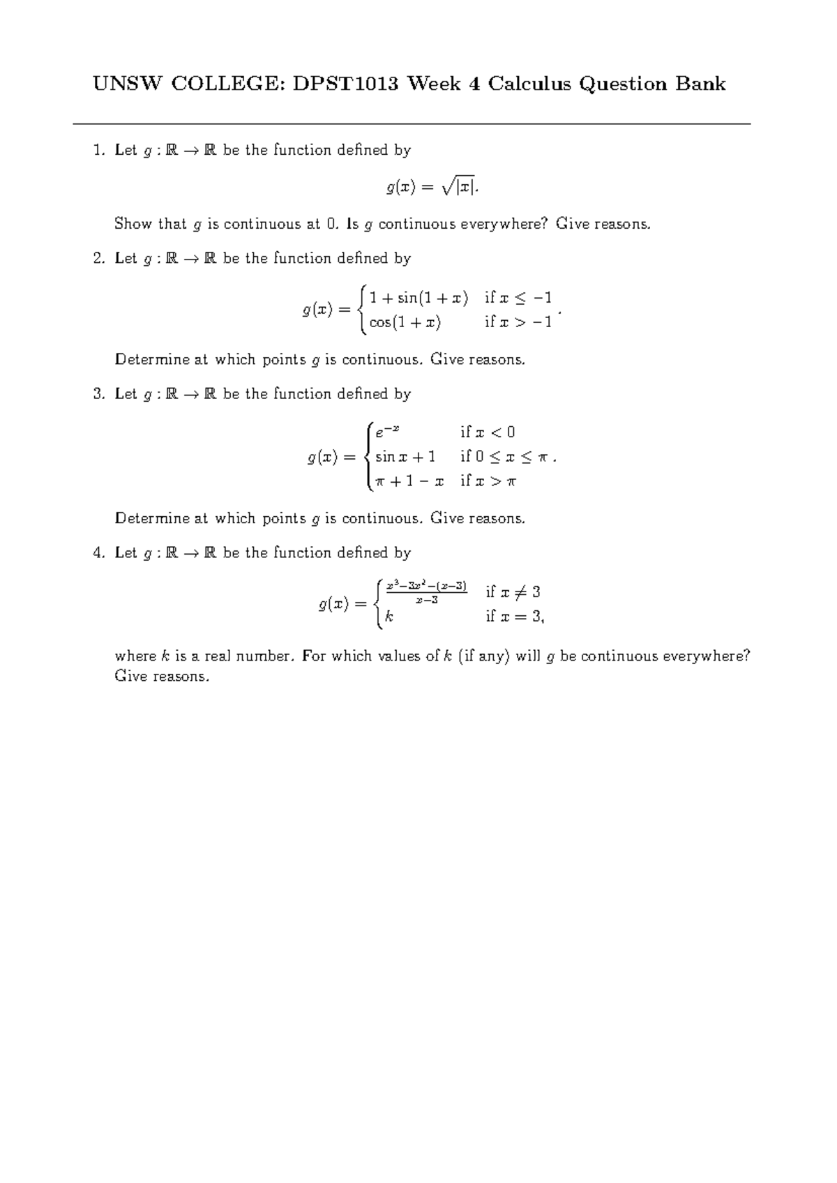 DPST1013 Week 4 Calculus Question Bank: Continuity Analysis - Studocu