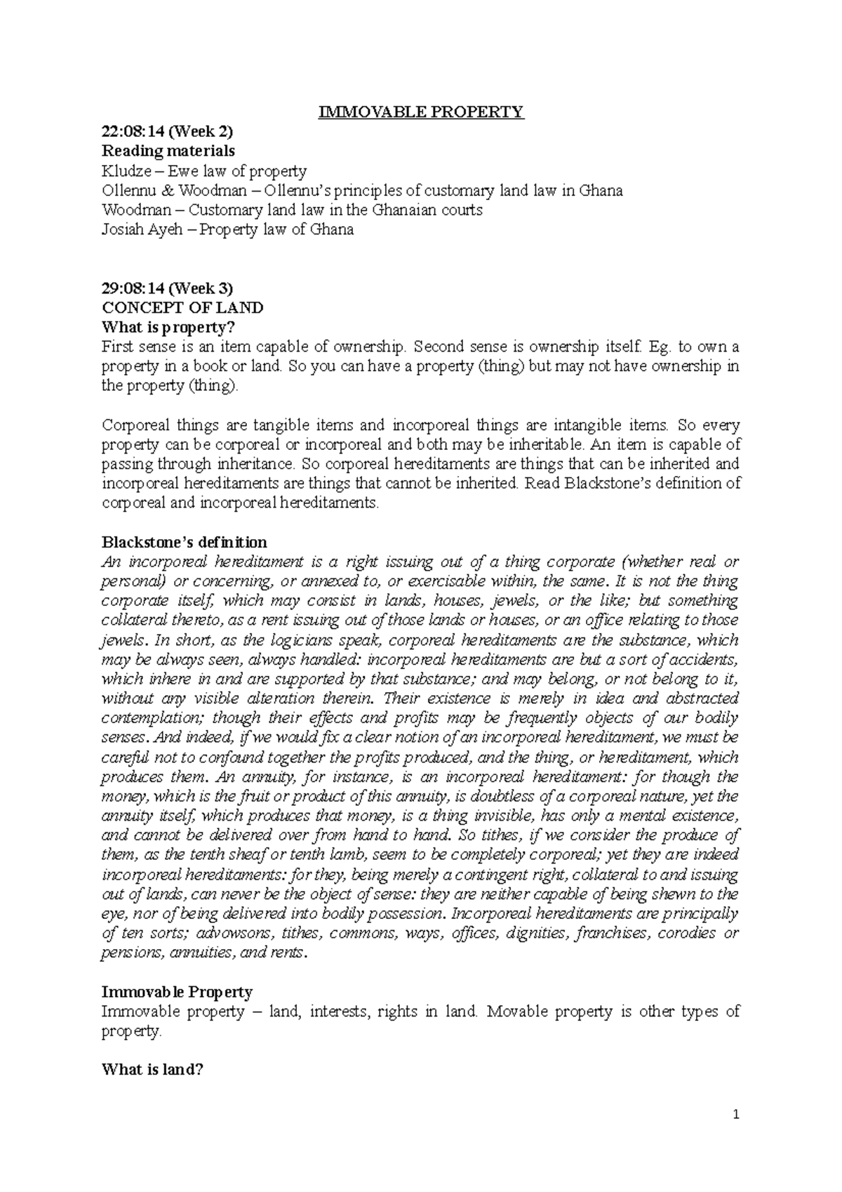 Land Law (LAW101) - Summary of Lecture Notes on Immovable Property ...