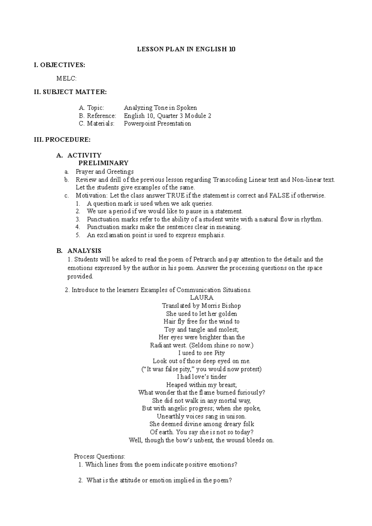 ENGLISH 10 Lesson Plan: Analyzing Tone in Poetry and Writing - Studocu