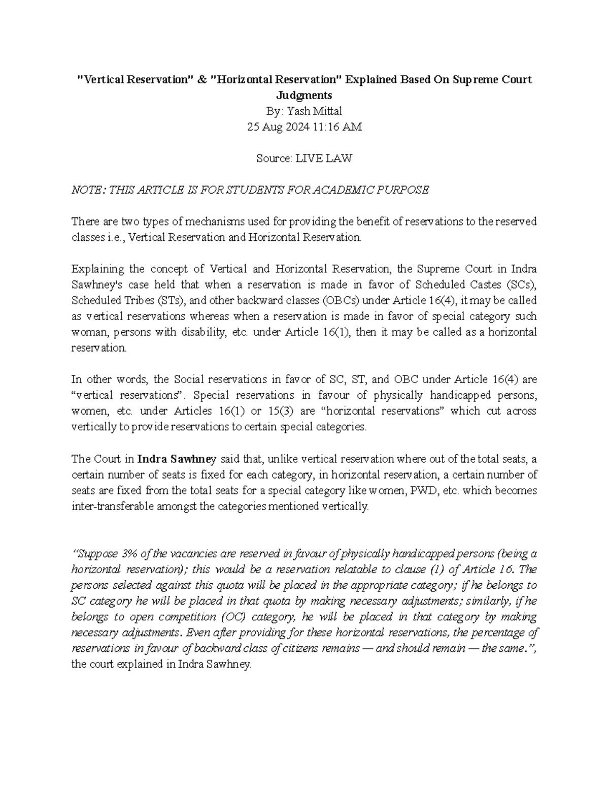 Explained: Vertical & Horizontal Reservation in SC Judgments (2024 ...