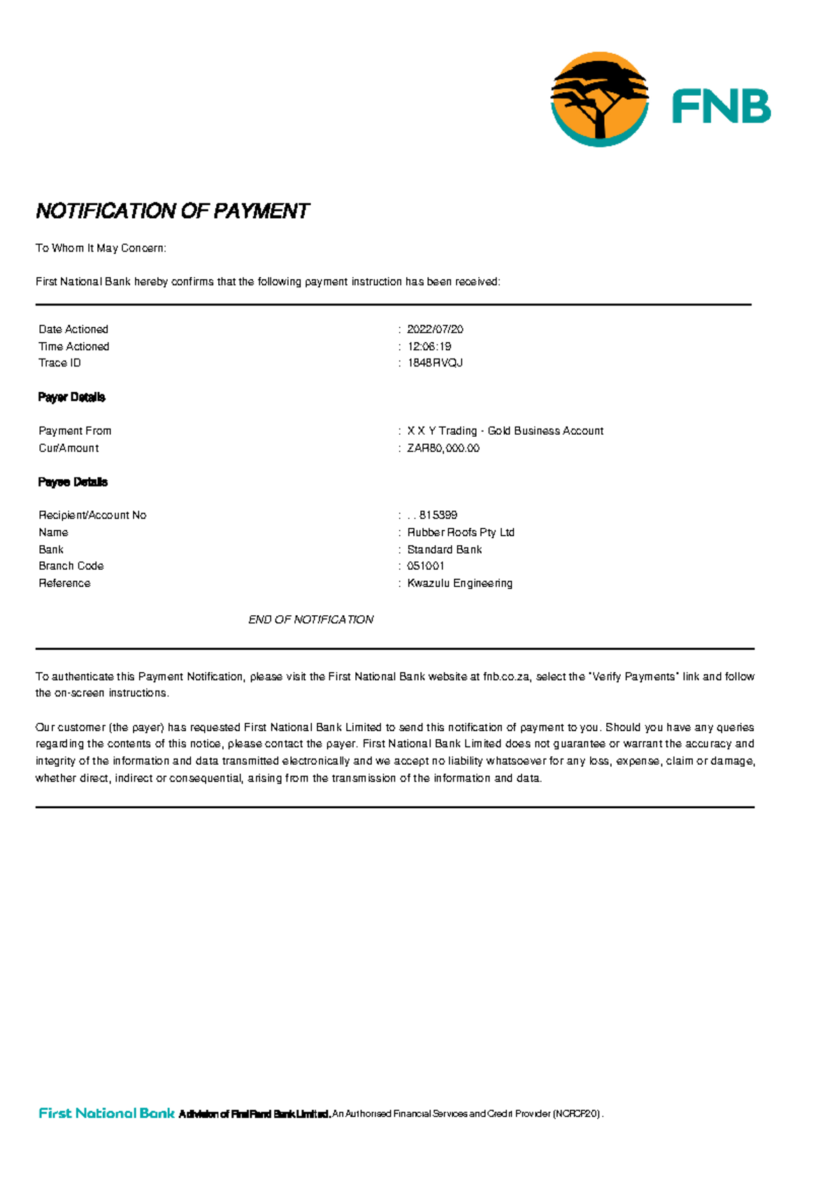 Payment Notification Confirmation - First National Bank (51) - Studocu