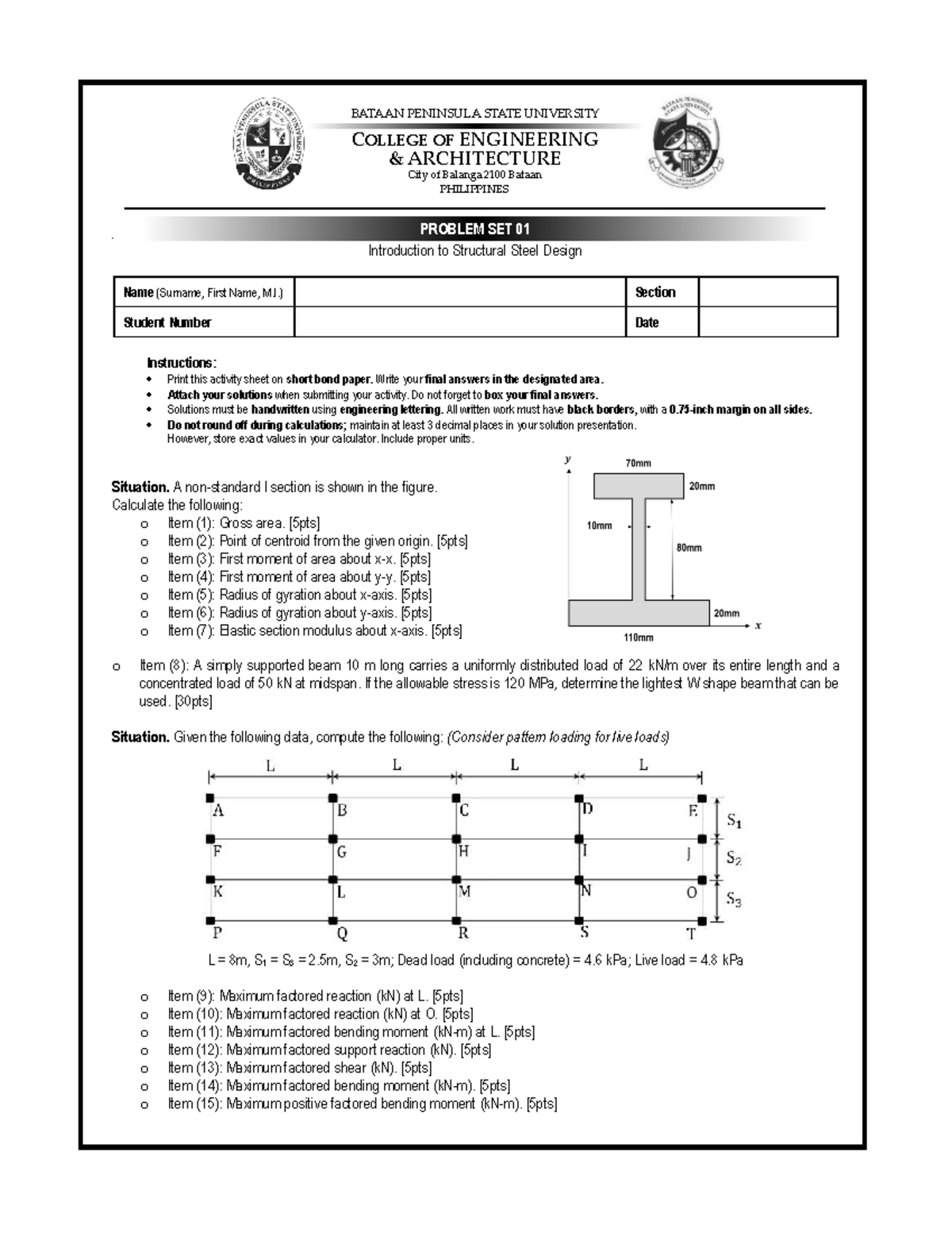 2526S1 CEPC1103 Problem Set 01: Intro to Structural Steel Design - Studocu