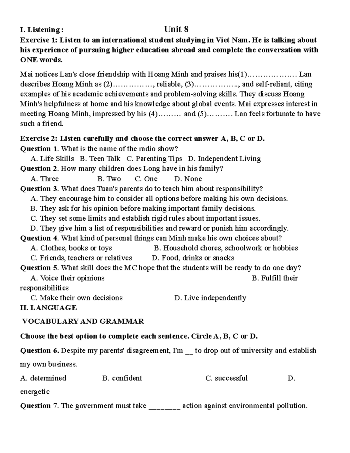 HS-ĐC UNIT 8 - Listening Exercises and Language Skills Review - Studocu