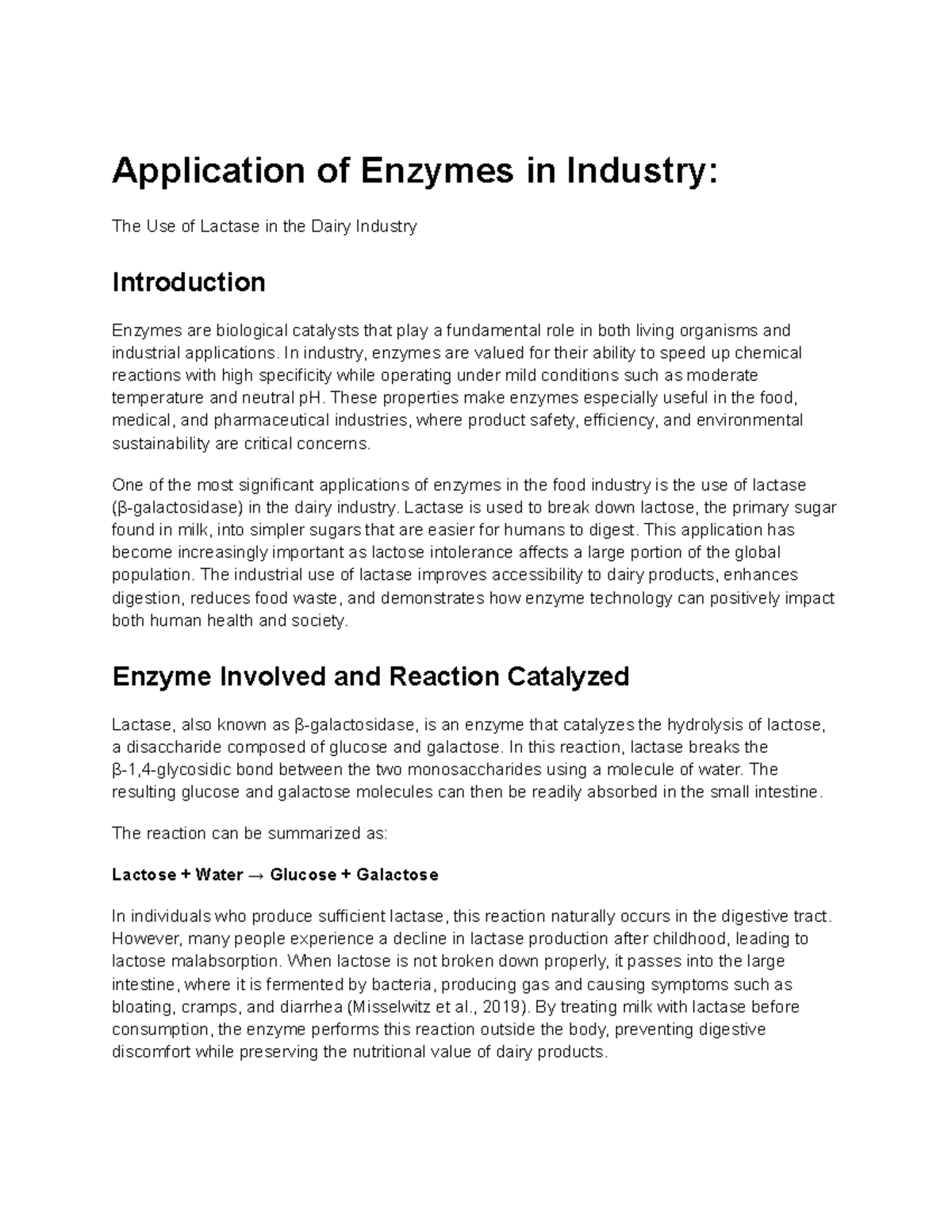 Application of Lactase in Dairy Industry: Enzyme Use & Benefits - Studocu