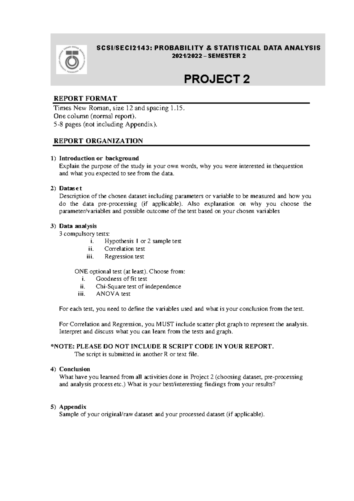 SECI2143 Probability & Statistical Data Analysis Project 2 Report - Studocu