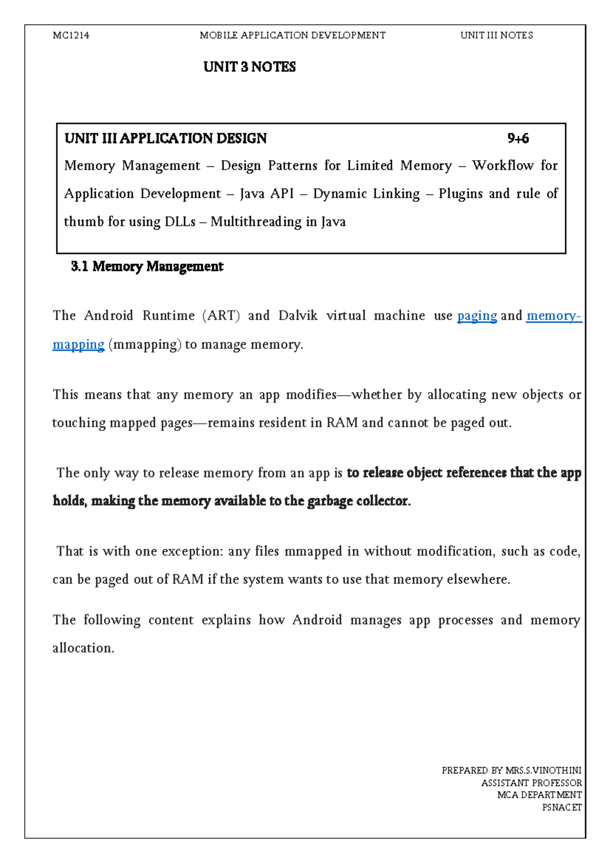 MC1214 MOBILE APPLICATION DEVELOPMENT UNIT 3 NOTES: MEMORY MANAGEMENT ...