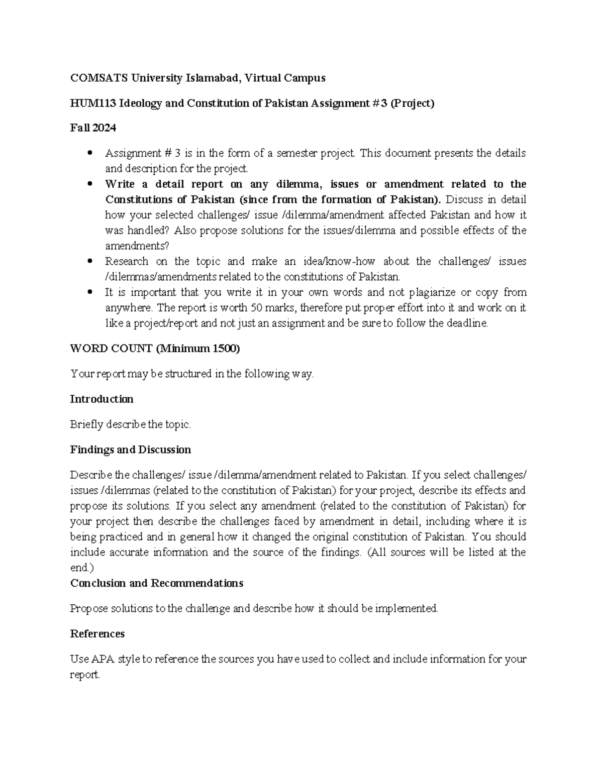 HUM113 Fall 2024 Project on Pakistan's Constitution: Issues ...