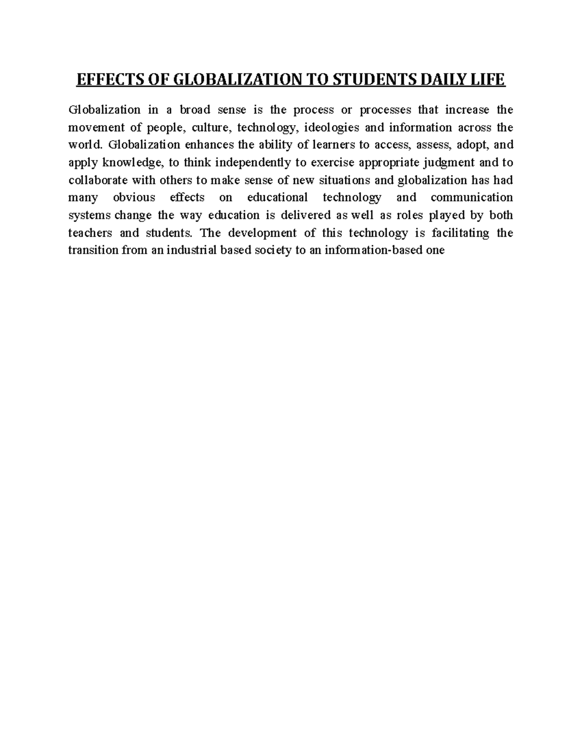 Effects of Globalization on Students' Daily Life: An Analysis - Studocu