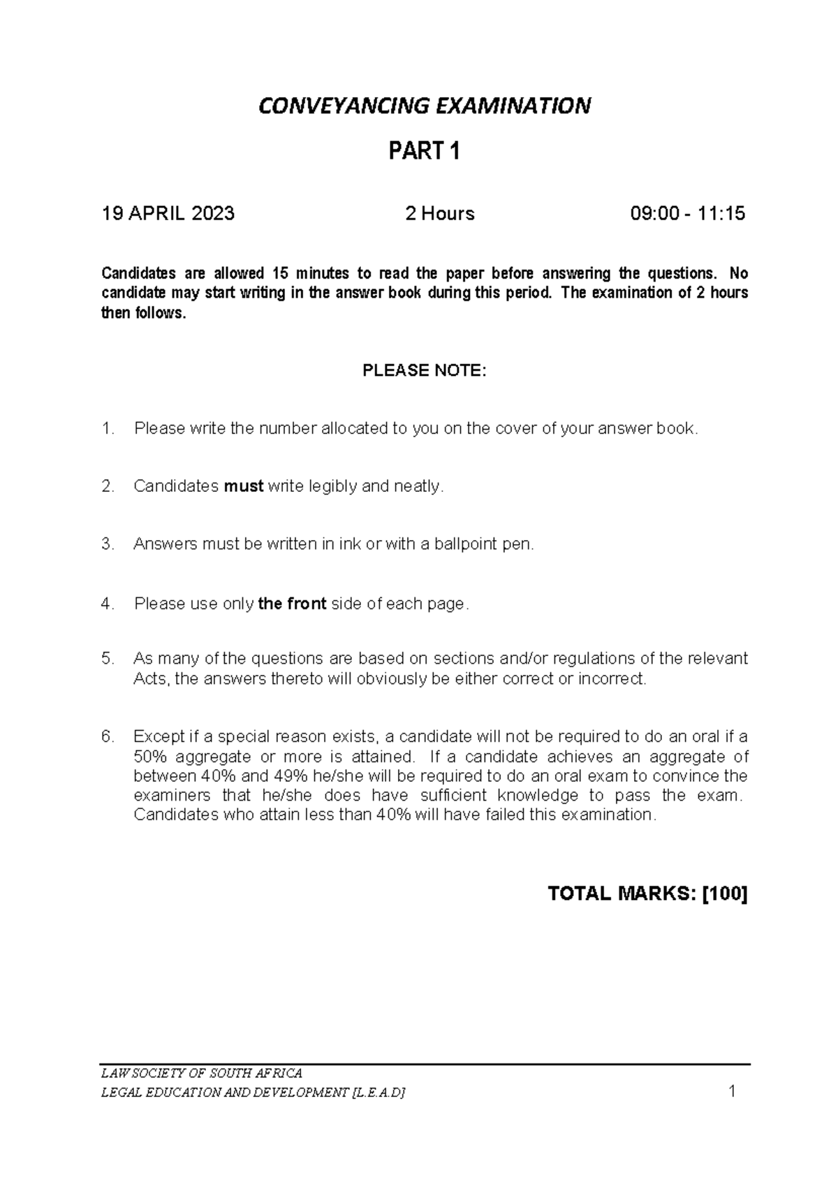 Conveyancing LAW 101 Part 1 Final Exam April 2023 Guide - Studocu