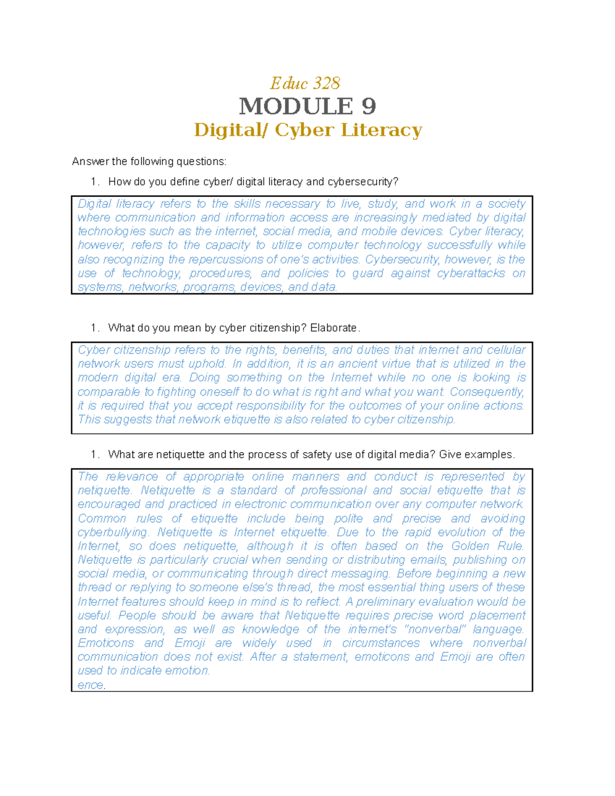 Educ 328 Module 9: Understanding Digital and Cyber Literacy - Studocu
