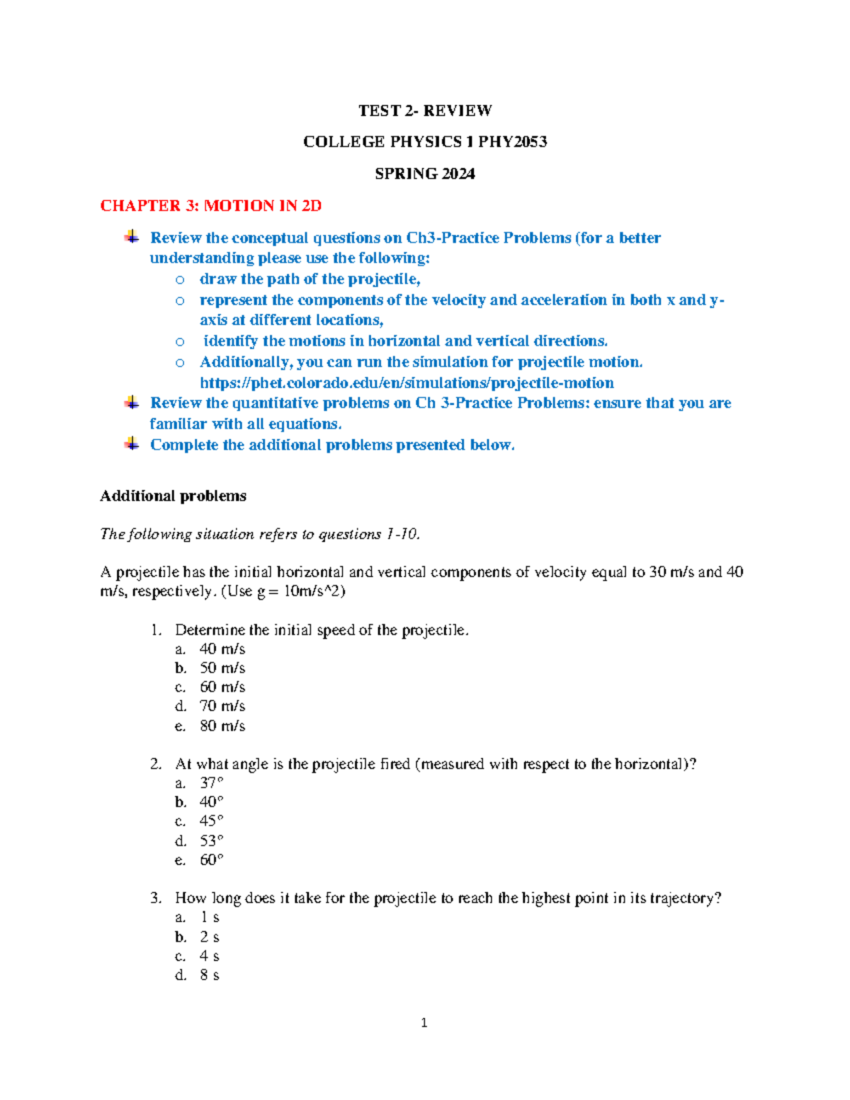 PHY2053 Test Review: College Physics 1 - Chapter 3 Motion in 2D - Studocu