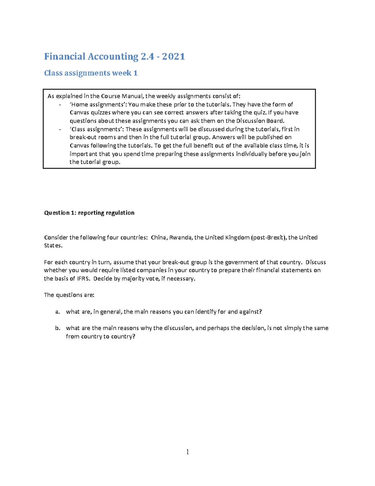 FA 2 4 2021 - Financial Accounting 2 Class Assignments Week 1 - Studeersnel