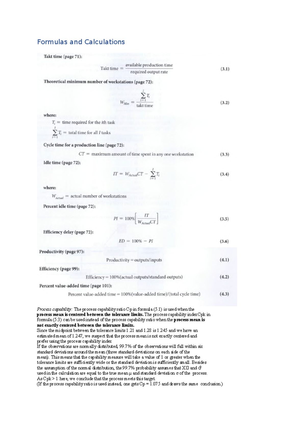 Operations management - formulas - Formulas and Calculations Process ...