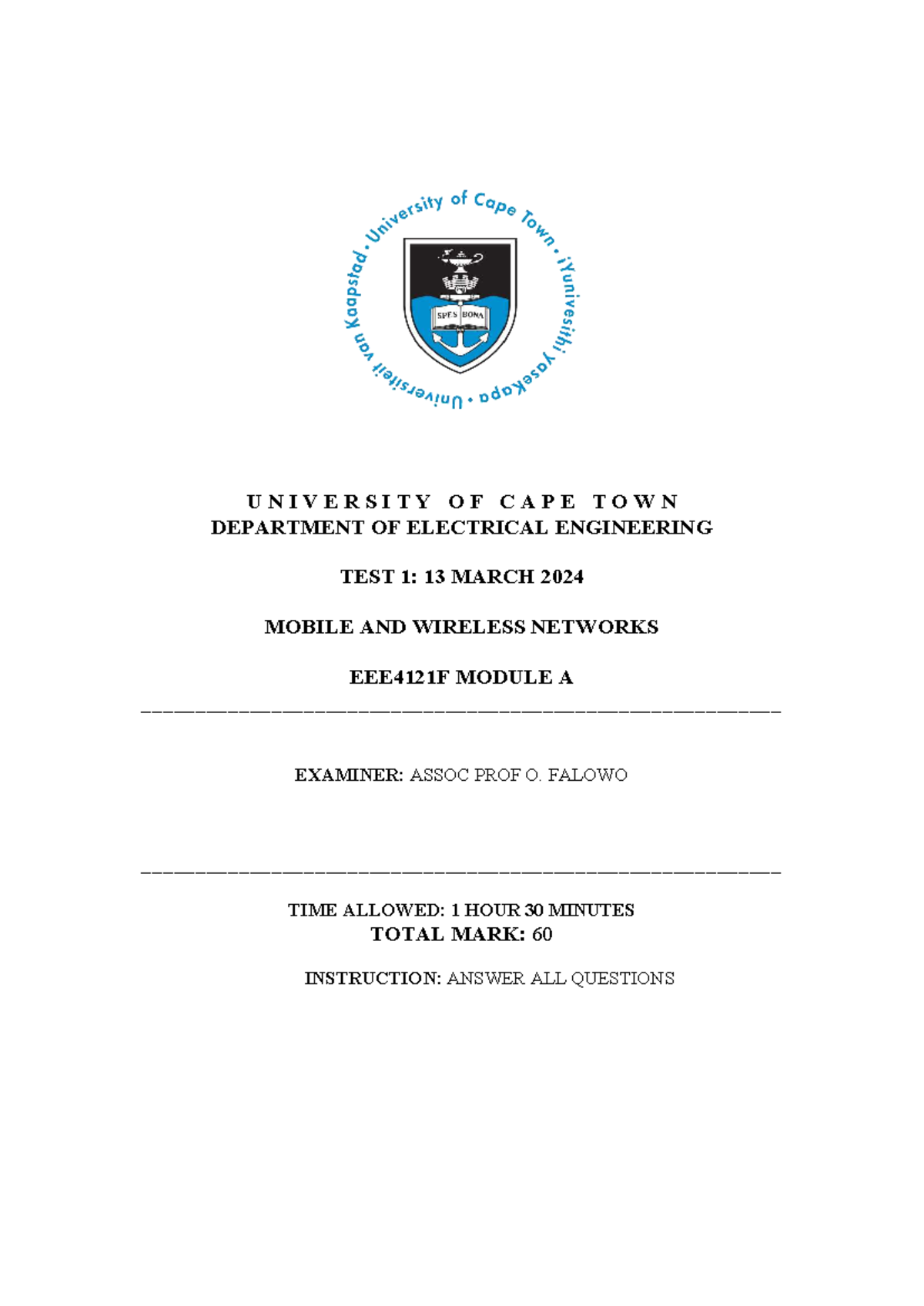 EEE4121F Test 1: Mobile and Wireless Networks - March 2024 Exam - Studocu
