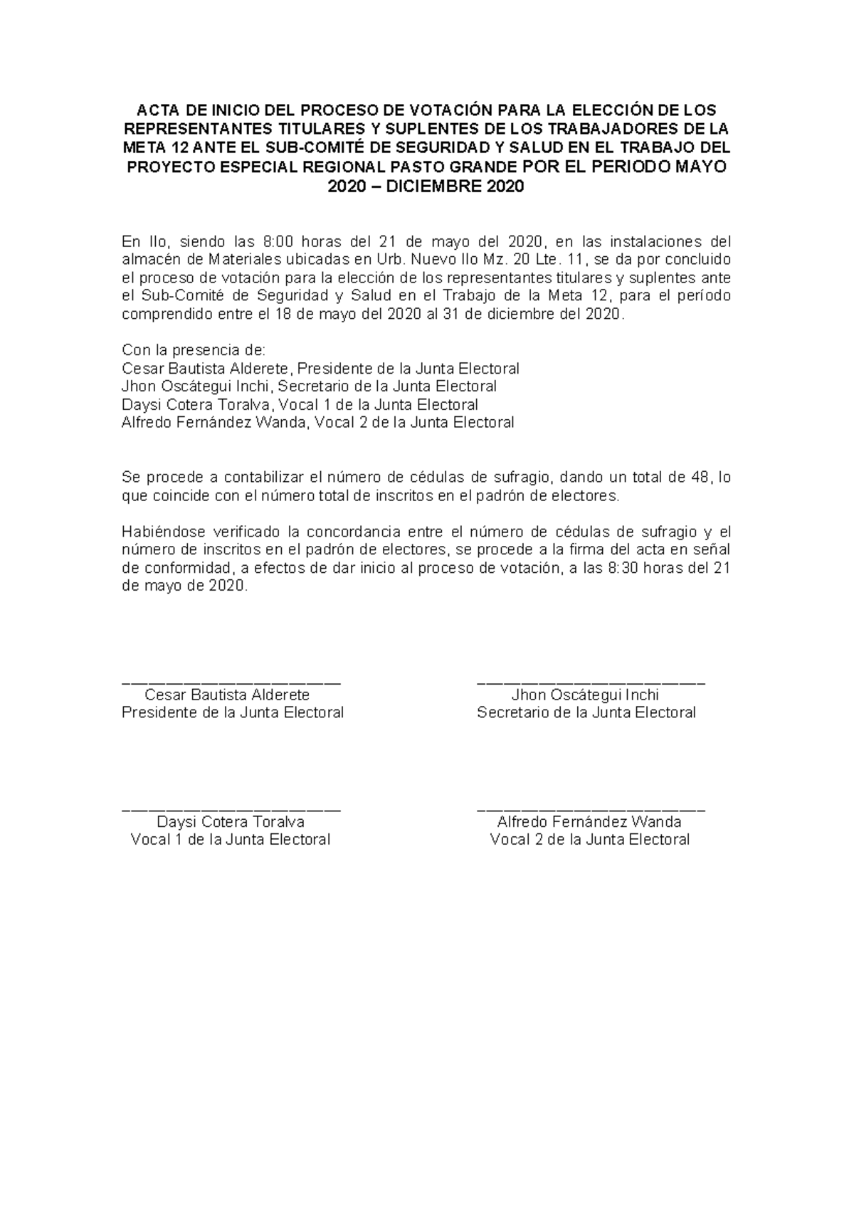 Acta de Inicio del Proceso de Votación - Meta 12 (PRA) - Studocu