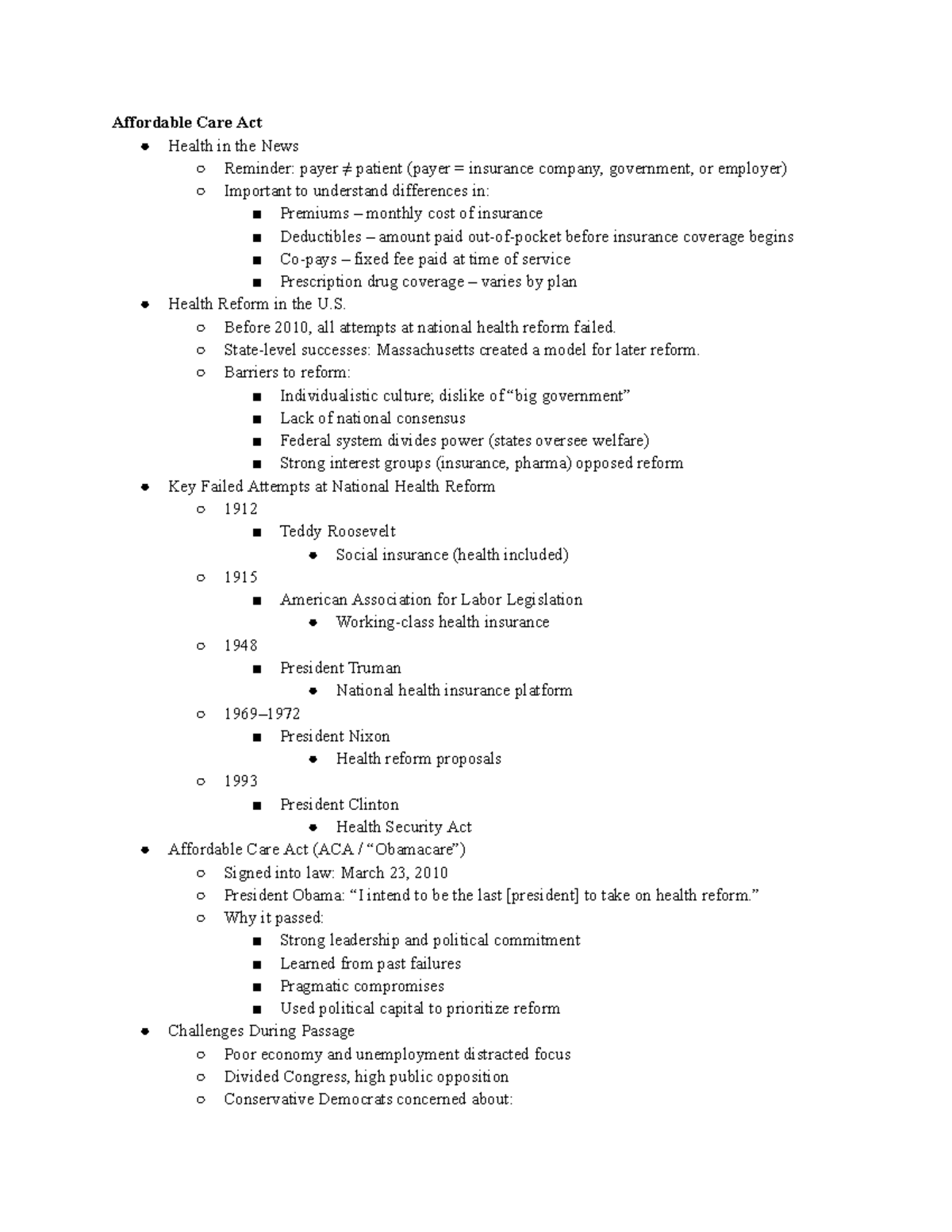 PUBH 4000 Final Exam Notes: Understanding the Affordable Care Act - Studocu