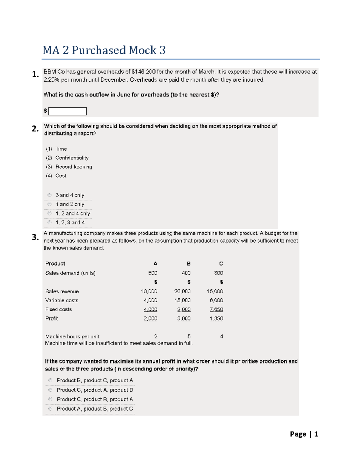MA2 Mock 3 Questions - Mock test - Managing cost and finance MA2 - MA 2 ...