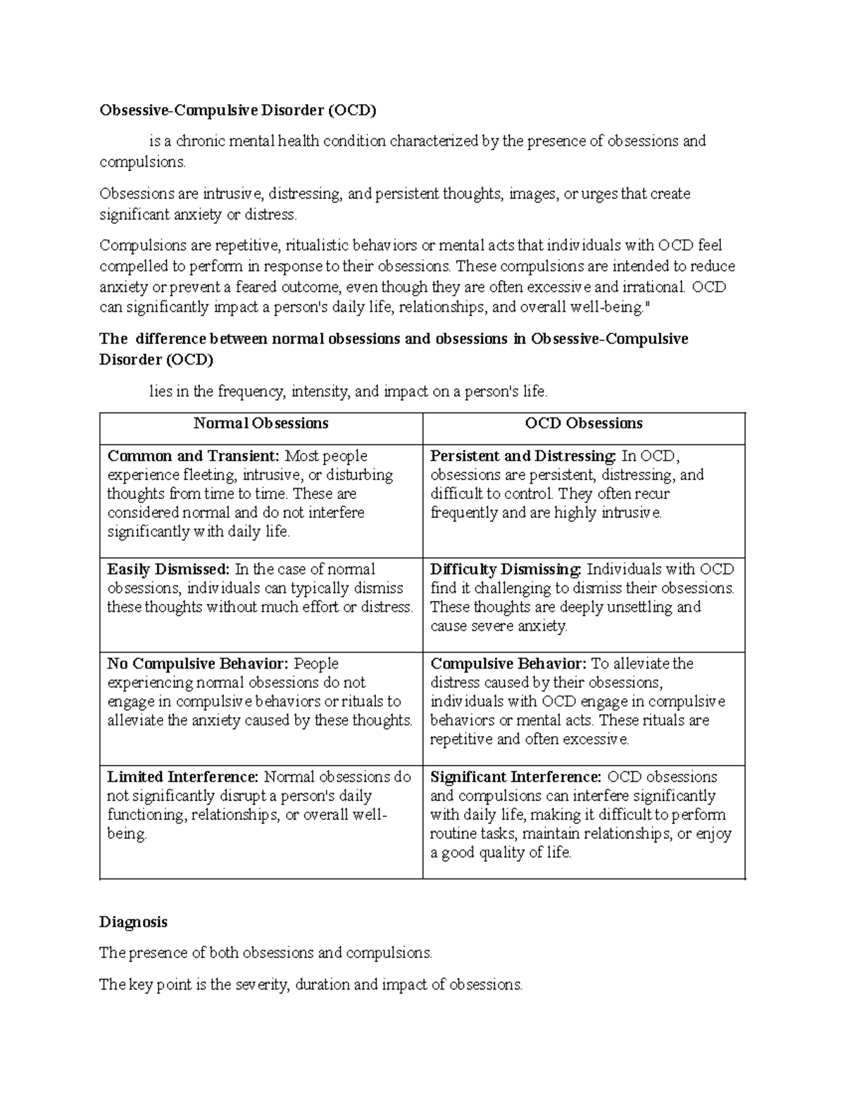 OCD SZH - notes for ocd - Obsessive-Compulsive Disorder (OCD) is a ...