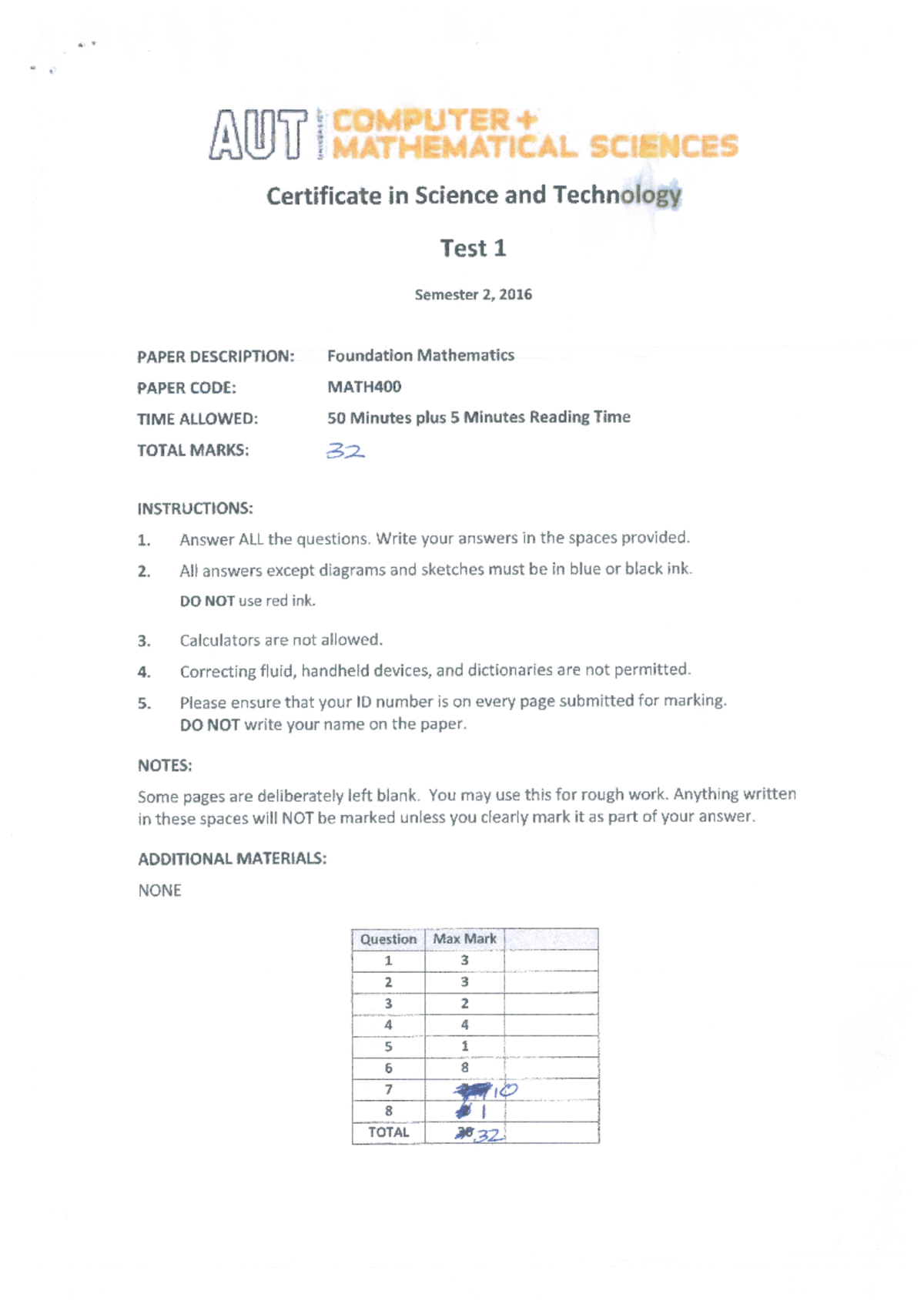 Test 1 S1 2016: Questions and Answers - Studocu