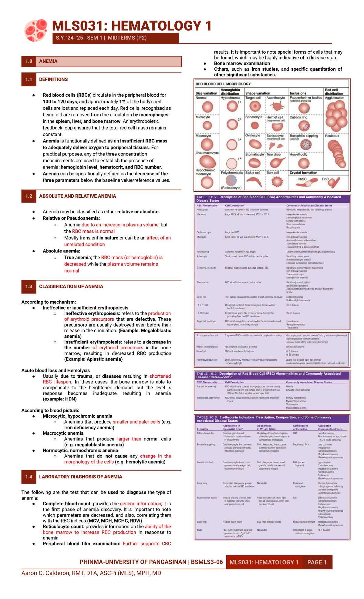 MLS031: HEMATOLOGY 1 S.Y. SEM 1 MIDTERM REVIEW ON ANEMIA AND LAB ...