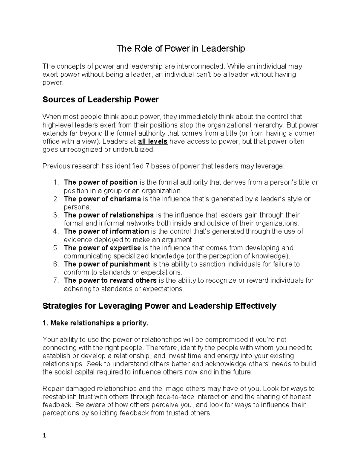 The Role of Power in Leadership: Strategies and Insights - Studocu