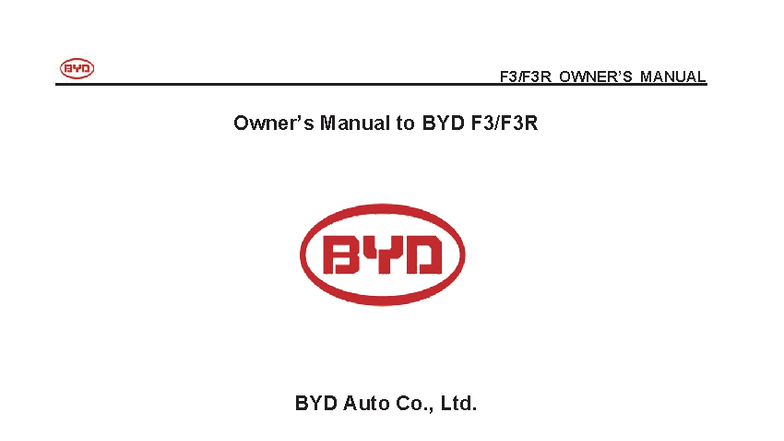 BYD F3 F3R Owner's Manual 2011 - Comprehensive Guide - Studocu