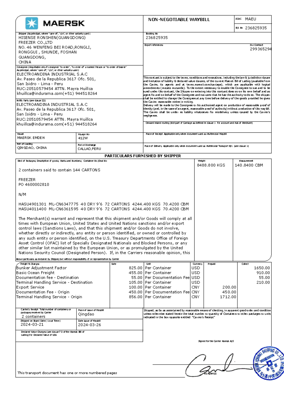 WAYBILL for HISENSE RONSHEN Shipment to ELECTROANDINA S.A.C. - Studocu