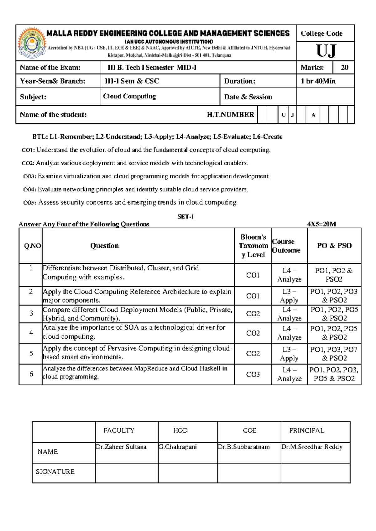Midterm Exam Paper UJ - B. Tech I Sem Cloud Computing - Studocu