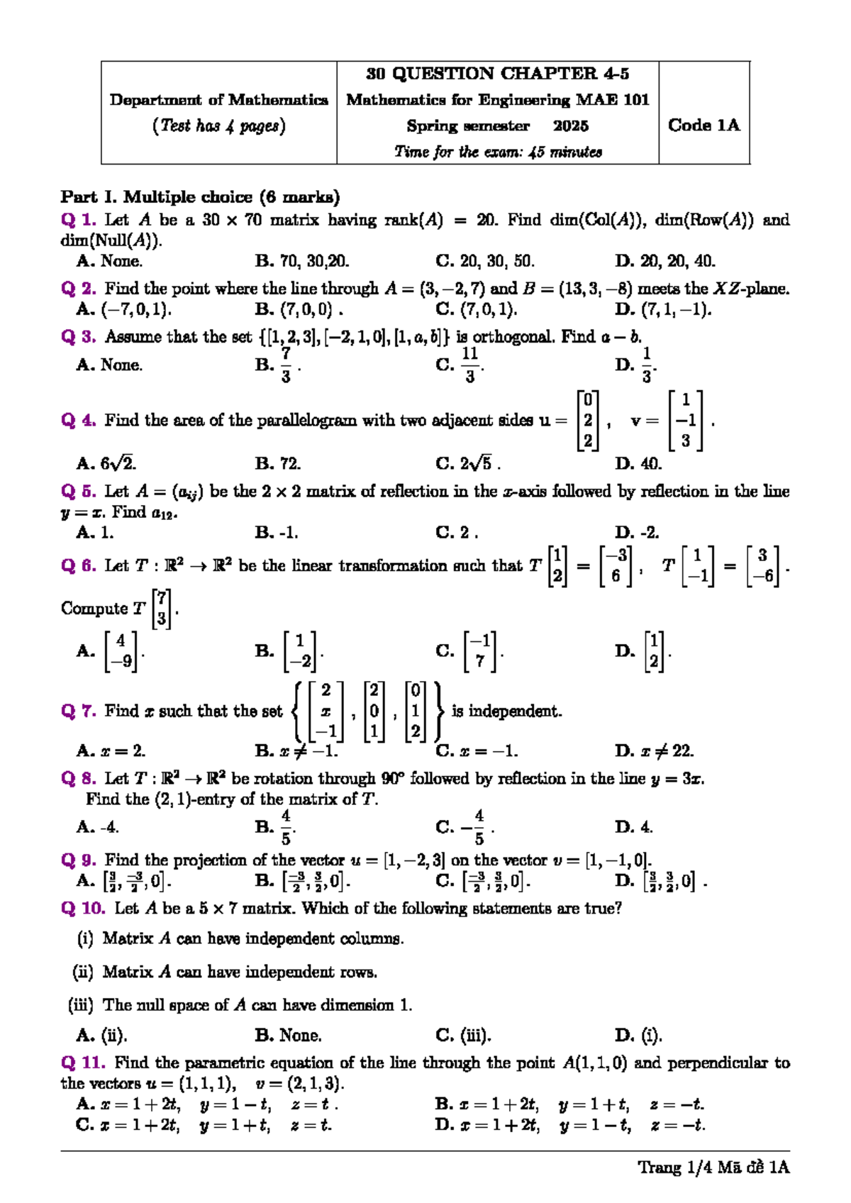 Chapter 4,5Review - Review Algebra - 30 QUESTION CHAPTER Department of ...