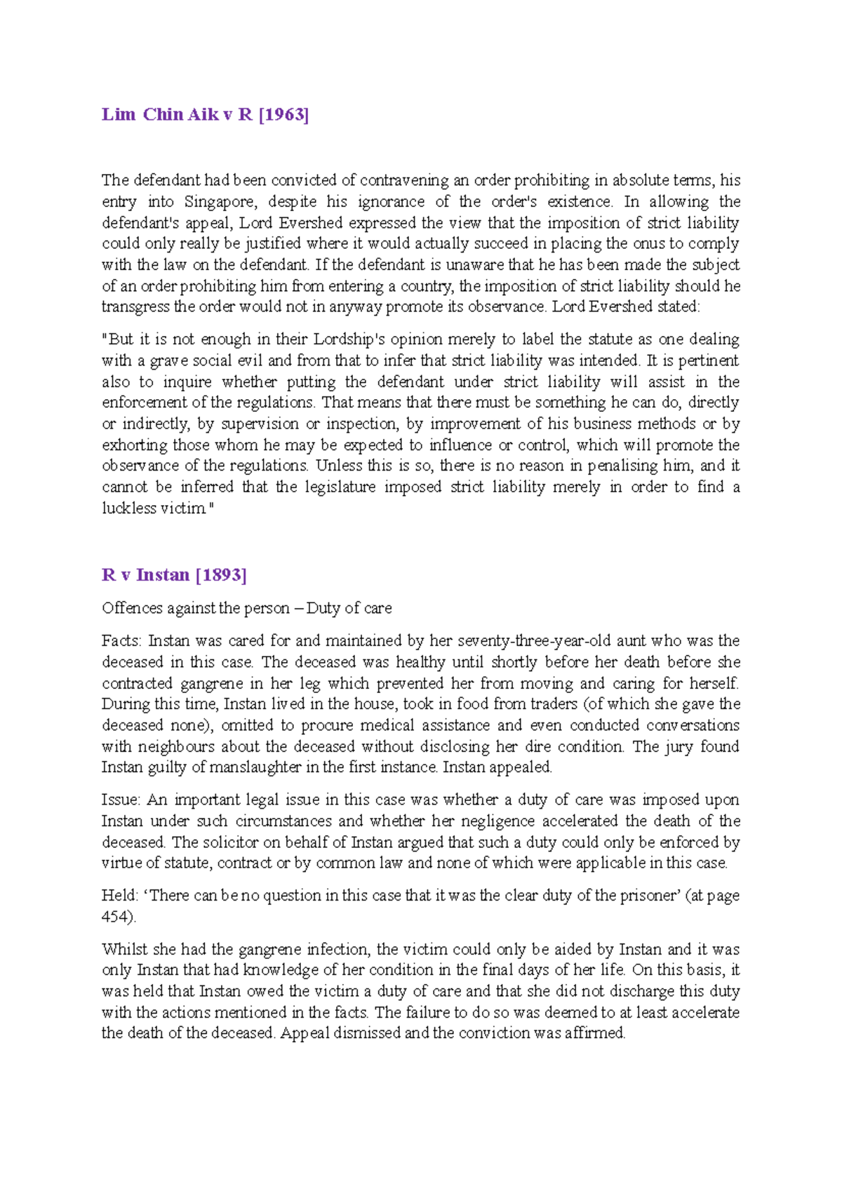 Case Law 2 - Summary of Key Legal Principles and Cases - Studocu