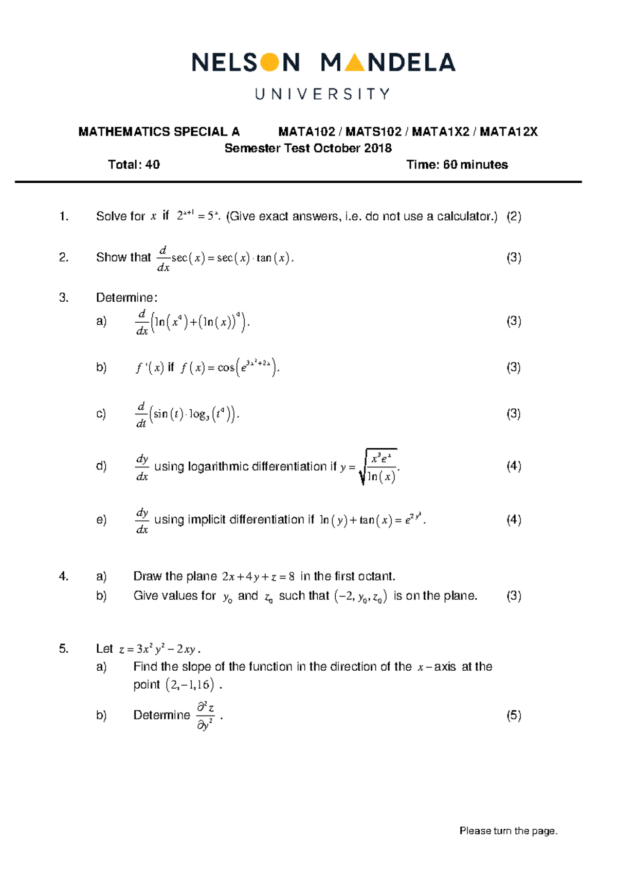 Mathematics Special Semester Test MATA102/MATS102 - Oct 2018 - Studocu