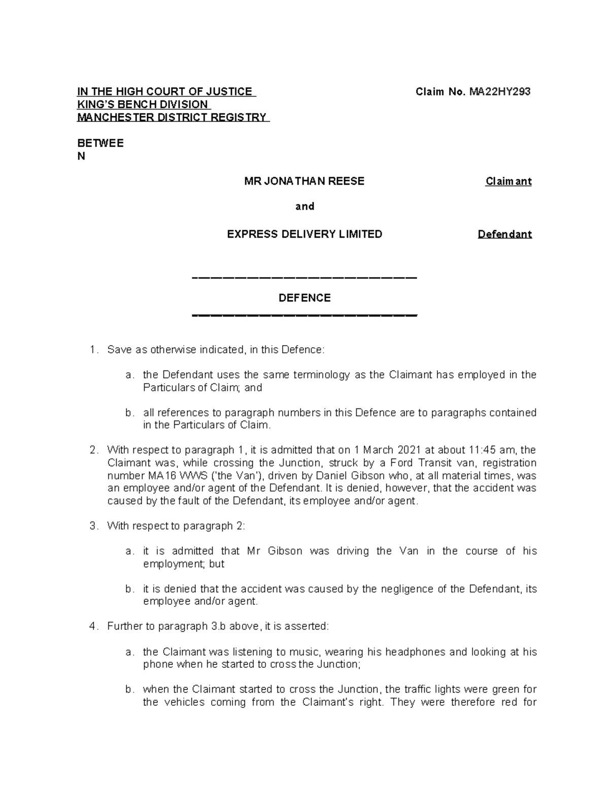 WS11 Reese Defence Document - Claim No. MA22HY Analysis - Studocu