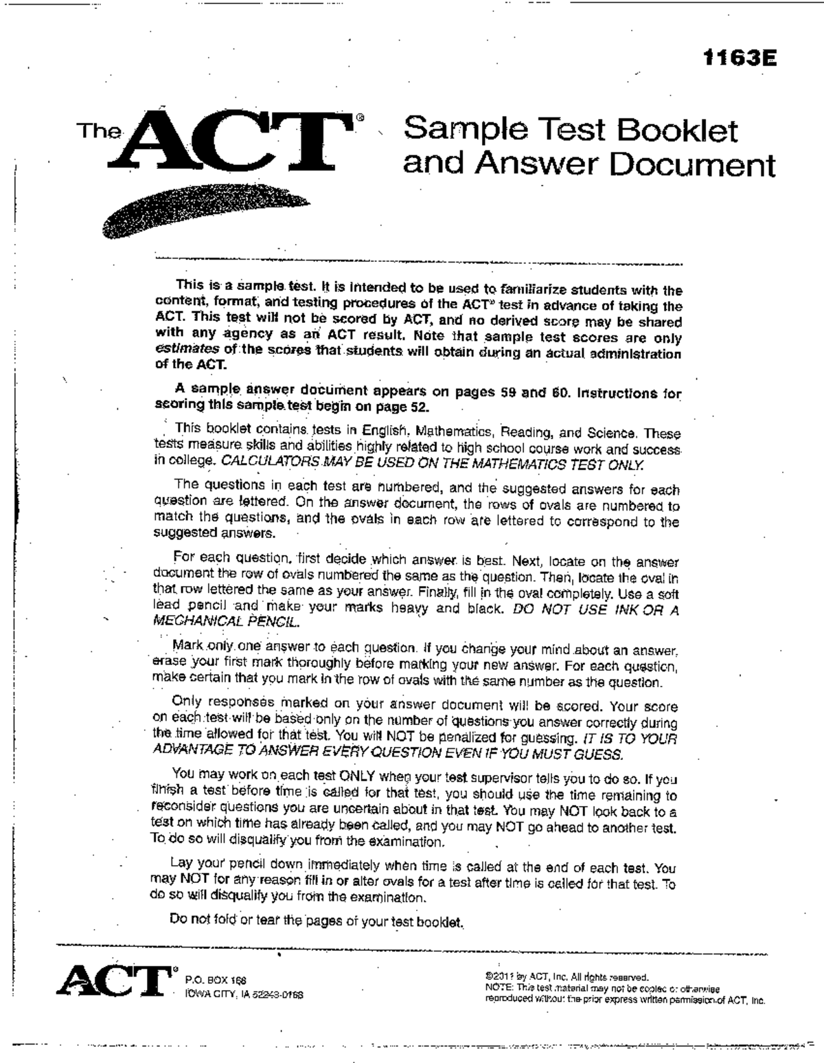 1163e ACT Practice Test - 1163E R The ACT Sample Test Booklet and ...