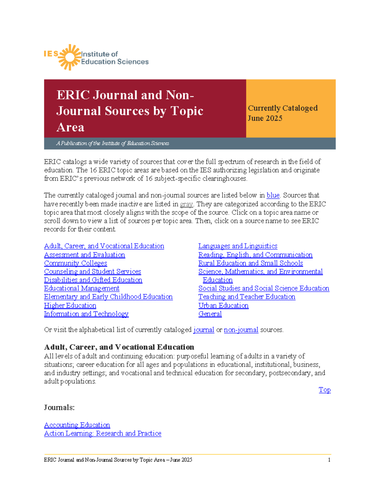 ERIC Topic Area Sources Cataloged - June 2025 - Studocu