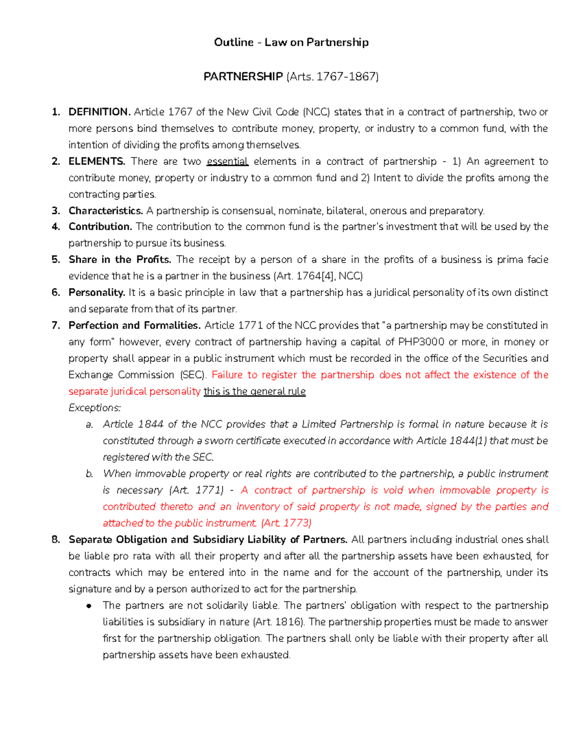 Outline of Law on Partnership (NCC) - Key Concepts and Provisions - Studocu