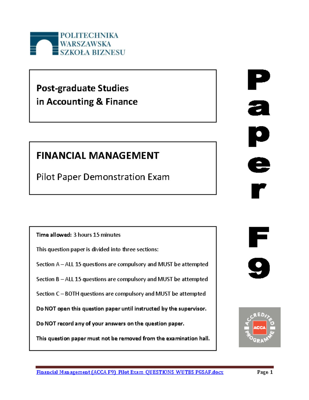 Financial Management ACCA F9 Pilot Exam Questions WUTBS PGSAF - Studocu