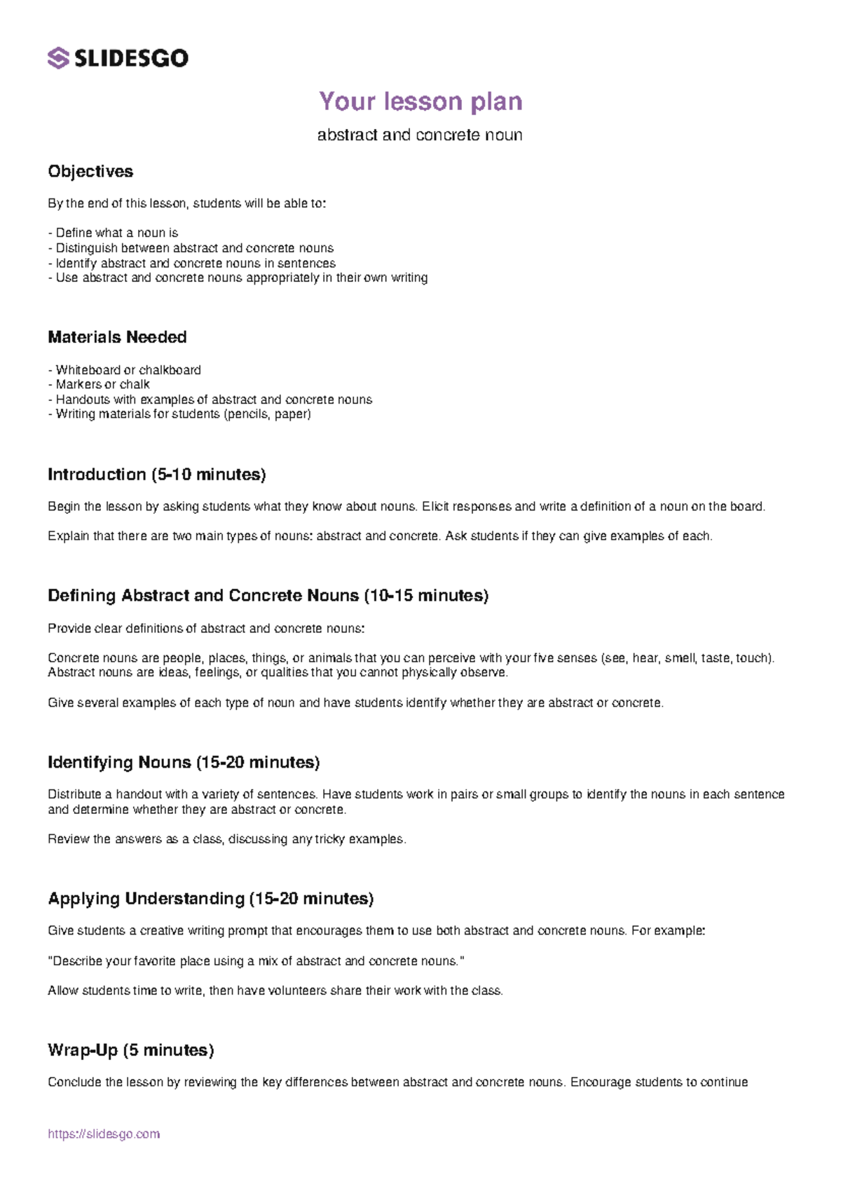 Slidesgo-lesson-plan - Your lesson plan abstract and concrete noun ...